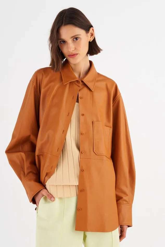 Oroton Tops Leather Overshirt Tan 8211 Women