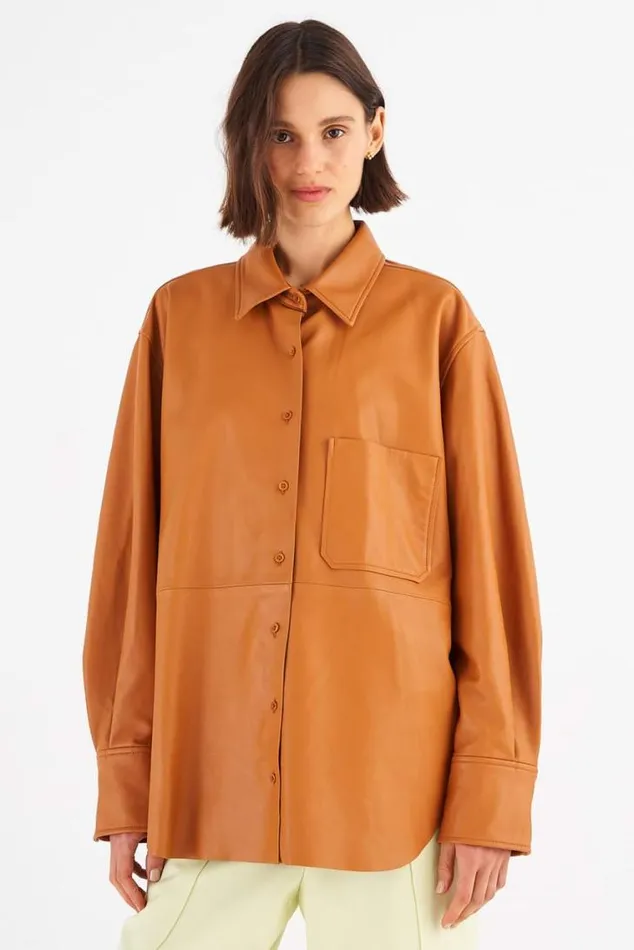 Oroton Tops Leather Overshirt Tan 8211 Women