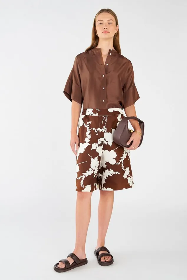 Oroton Tops Short Sleeve Silk Dupion Overshirt Deep Spice 8211 Women
