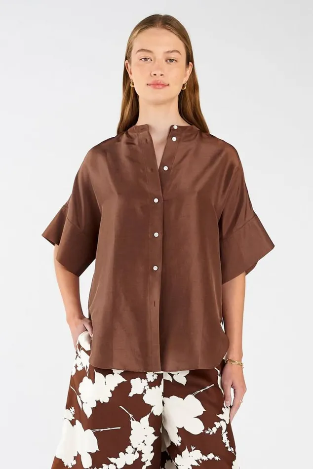 Oroton Tops Short Sleeve Silk Dupion Overshirt Deep Spice 8211 Women