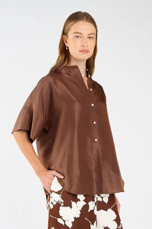 Oroton Tops Short Sleeve Silk Dupion Overshirt Deep Spice 8211 Women