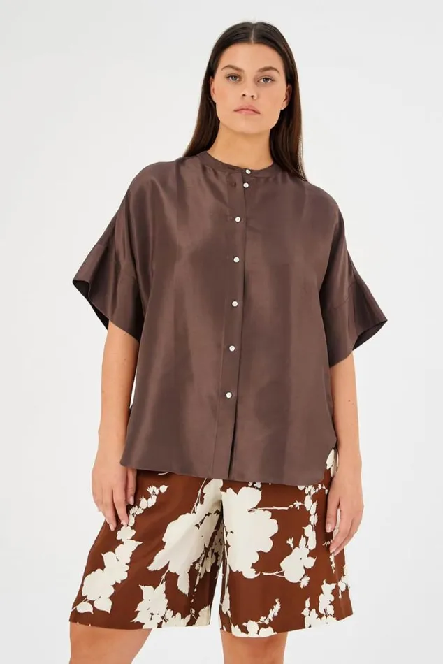 Oroton Tops Short Sleeve Silk Dupion Overshirt Deep Spice 8211 Women