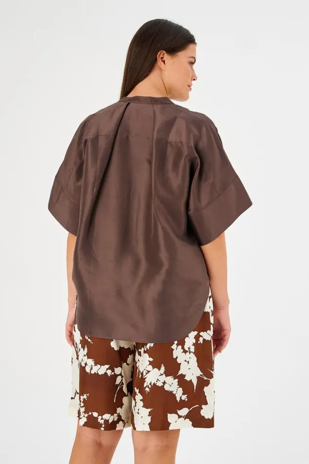 Oroton Tops Short Sleeve Silk Dupion Overshirt Deep Spice 8211 Women