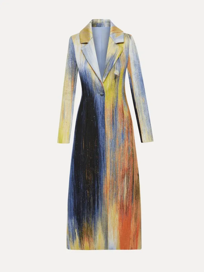 Oscar De La Renta Abstract Brushstroke Jacquard Coat Calendula Multi Women Jackets and Coats