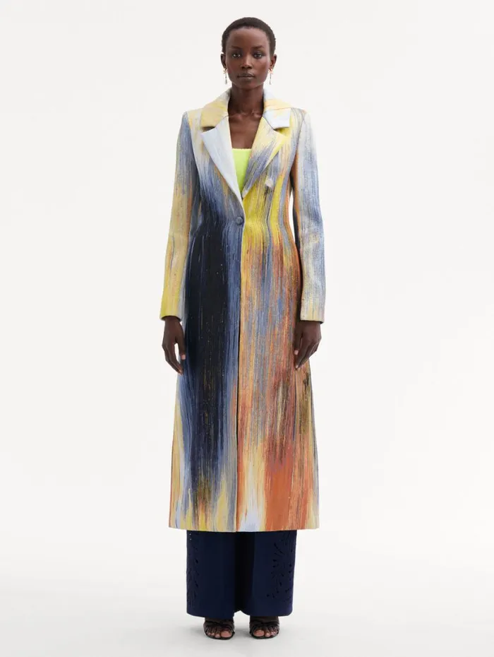 Oscar De La Renta Abstract Brushstroke Jacquard Coat Calendula Multi Women Jackets and Coats