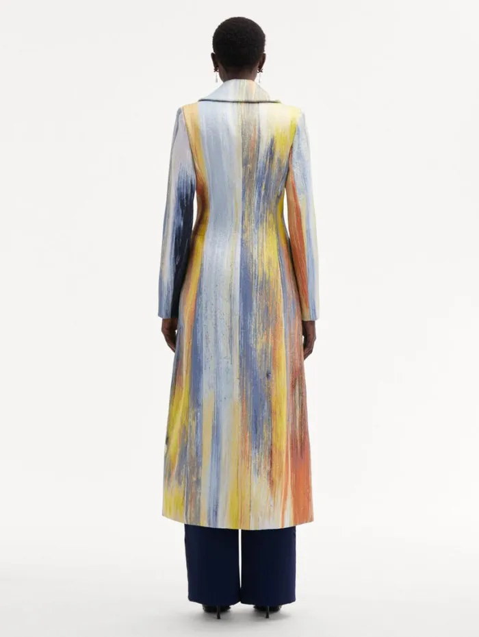 Oscar De La Renta Abstract Brushstroke Jacquard Coat Calendula Multi Women Jackets and Coats