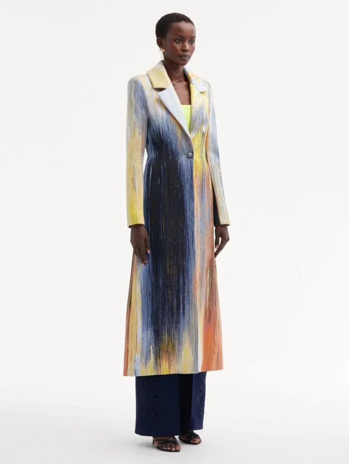 Oscar De La Renta Abstract Brushstroke Jacquard Coat Calendula Multi Women Jackets and Coats