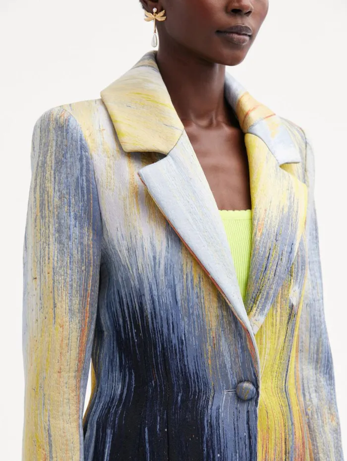 Oscar De La Renta Abstract Brushstroke Jacquard Coat Calendula Multi Women Jackets and Coats