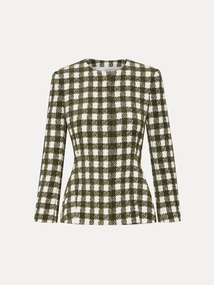 Oscar De La Renta Chenille Check Tweed Jacket Ivory Olive Women Jackets and Coats