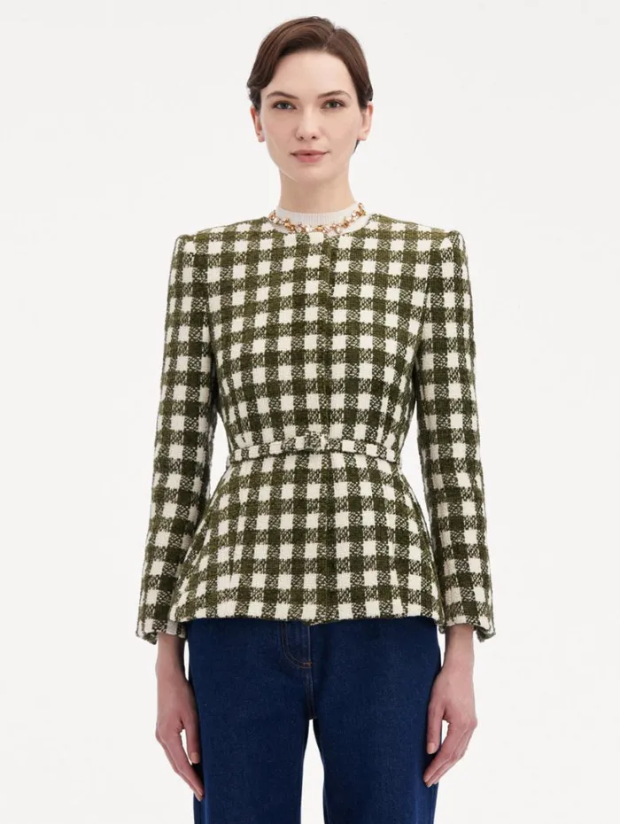 Oscar De La Renta Chenille Check Tweed Jacket Ivory Olive Women Jackets and Coats