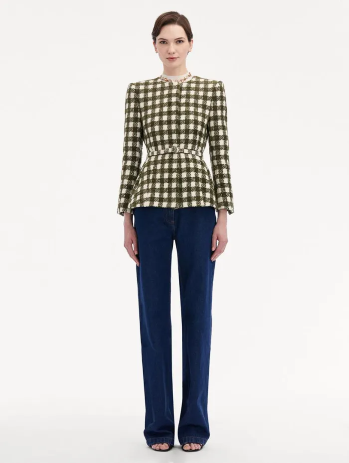 Oscar De La Renta Chenille Check Tweed Jacket Ivory Olive Women Jackets and Coats