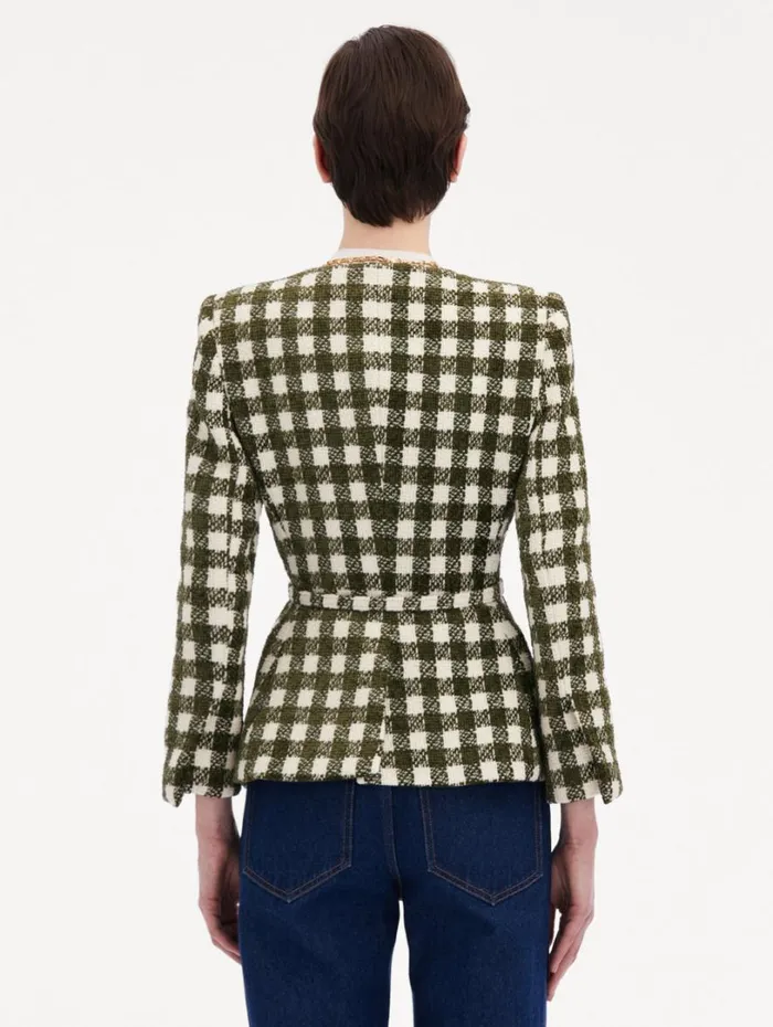 Oscar De La Renta Chenille Check Tweed Jacket Ivory Olive Women Jackets and Coats