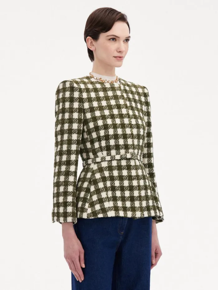Oscar De La Renta Chenille Check Tweed Jacket Ivory Olive Women Jackets and Coats