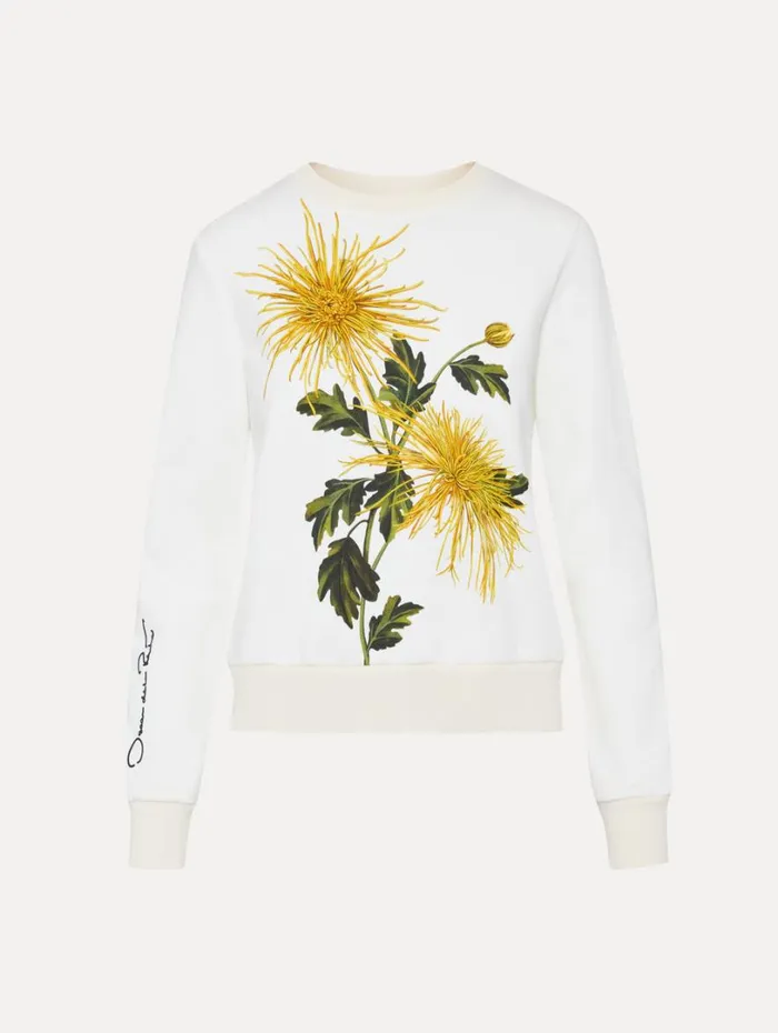 Oscar De La Renta Chrysanthemum Jersey Pullover Yellow Ivory Women Blouses and Knits