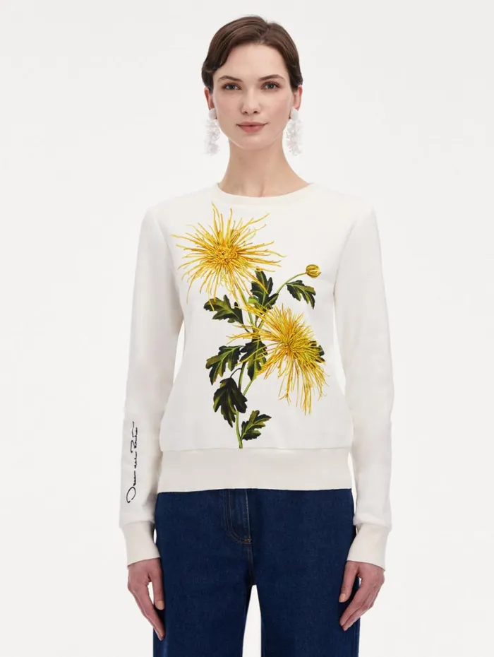Oscar De La Renta Chrysanthemum Jersey Pullover Yellow Ivory Women Blouses and Knits Oscar De La Renta Chrysanthemum Jersey Pullover Yellow Ivory Women Blouses and Knits