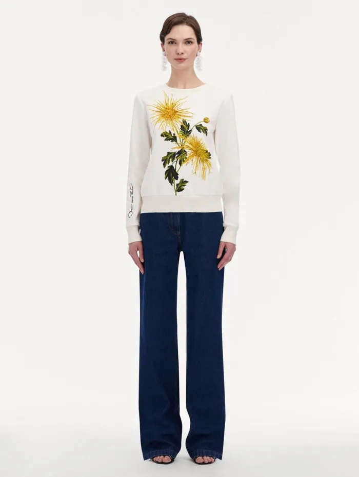 Oscar De La Renta Chrysanthemum Jersey Pullover Yellow Ivory Women Blouses and Knits Oscar De La Renta Chrysanthemum Jersey Pullover Yellow Ivory Women Blouses and Knits