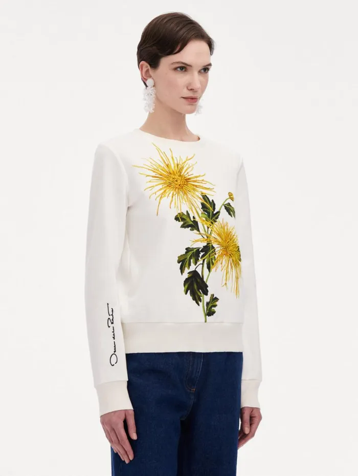 Oscar De La Renta Chrysanthemum Jersey Pullover Yellow Ivory Women Blouses and Knits Oscar De La Renta Chrysanthemum Jersey Pullover Yellow Ivory Women Blouses and Knits