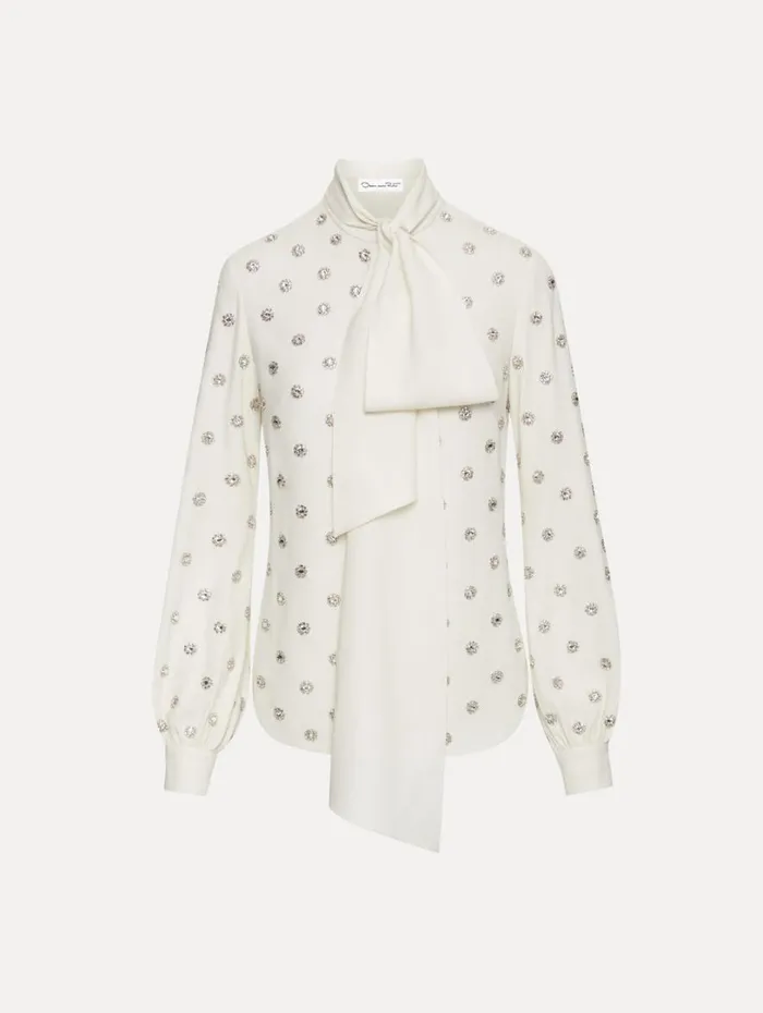 Oscar De La Renta Crystal Embroidered TieNeck Blouse Ivory Women Blouses and Knits