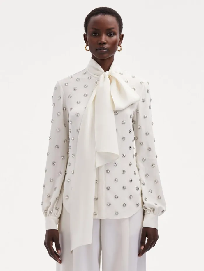 Oscar De La Renta Crystal Embroidered TieNeck Blouse Ivory Women Blouses and Knits Oscar De La Renta Crystal Embroidered TieNeck Blouse Ivory Women Blouses and Knits