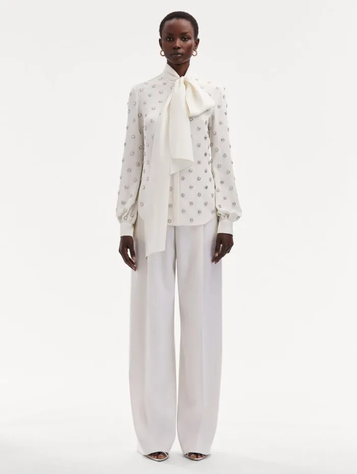 Oscar De La Renta Crystal Embroidered TieNeck Blouse Ivory Women Blouses and Knits Oscar De La Renta Crystal Embroidered TieNeck Blouse Ivory Women Blouses and Knits