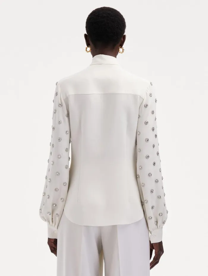 Oscar De La Renta Crystal Embroidered TieNeck Blouse Ivory Women Blouses and Knits Oscar De La Renta Crystal Embroidered TieNeck Blouse Ivory Women Blouses and Knits
