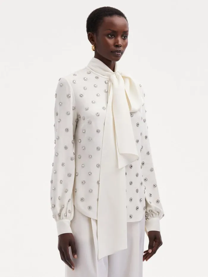 Oscar De La Renta Crystal Embroidered TieNeck Blouse Ivory Women Blouses and Knits Oscar De La Renta Crystal Embroidered TieNeck Blouse Ivory Women Blouses and Knits