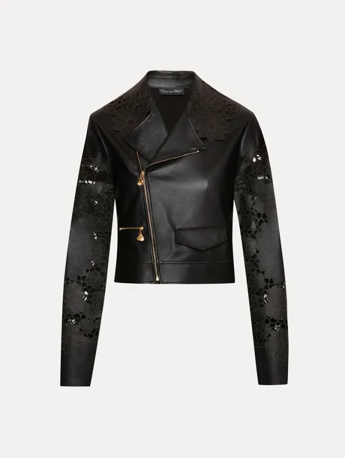 Oscar De La Renta Laser Cut Floral Leather Jacket Black Women Jackets and Coats
