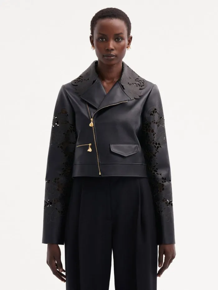 Oscar De La Renta Laser Cut Floral Leather Jacket Black Women Jackets and Coats