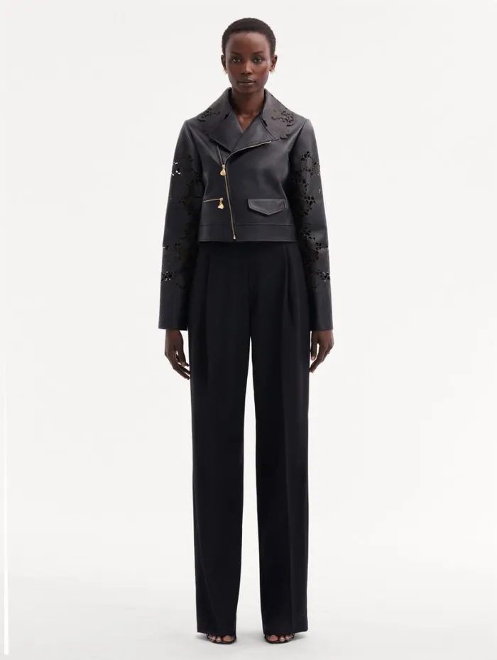 Oscar De La Renta Laser Cut Floral Leather Jacket Black Women Jackets and Coats
