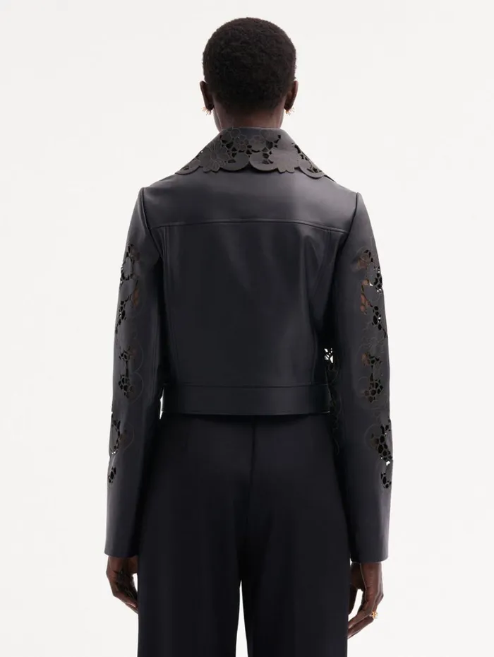 Oscar De La Renta Laser Cut Floral Leather Jacket Black Women Jackets and Coats