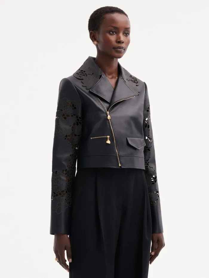 Oscar De La Renta Laser Cut Floral Leather Jacket Black Women Jackets and Coats