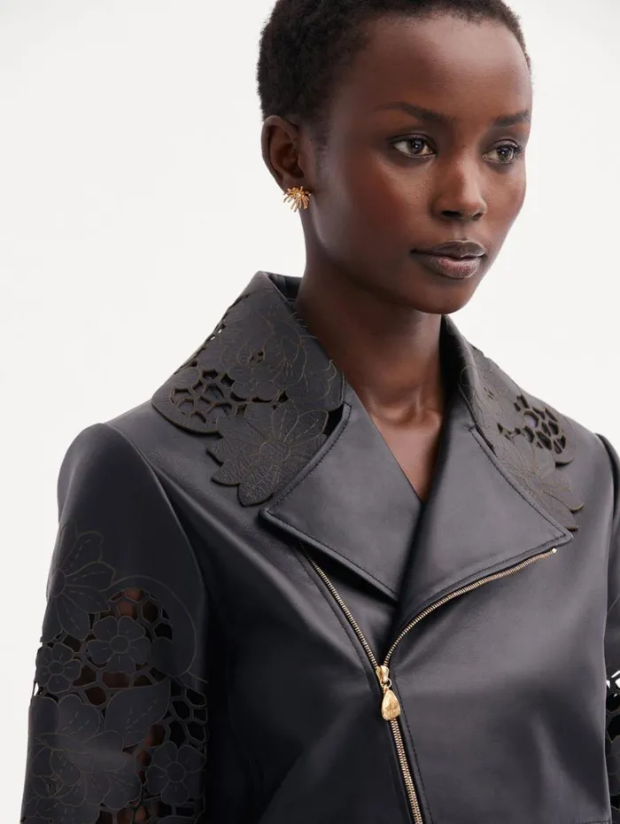Oscar De La Renta Laser Cut Floral Leather Jacket Black Women Jackets and Coats