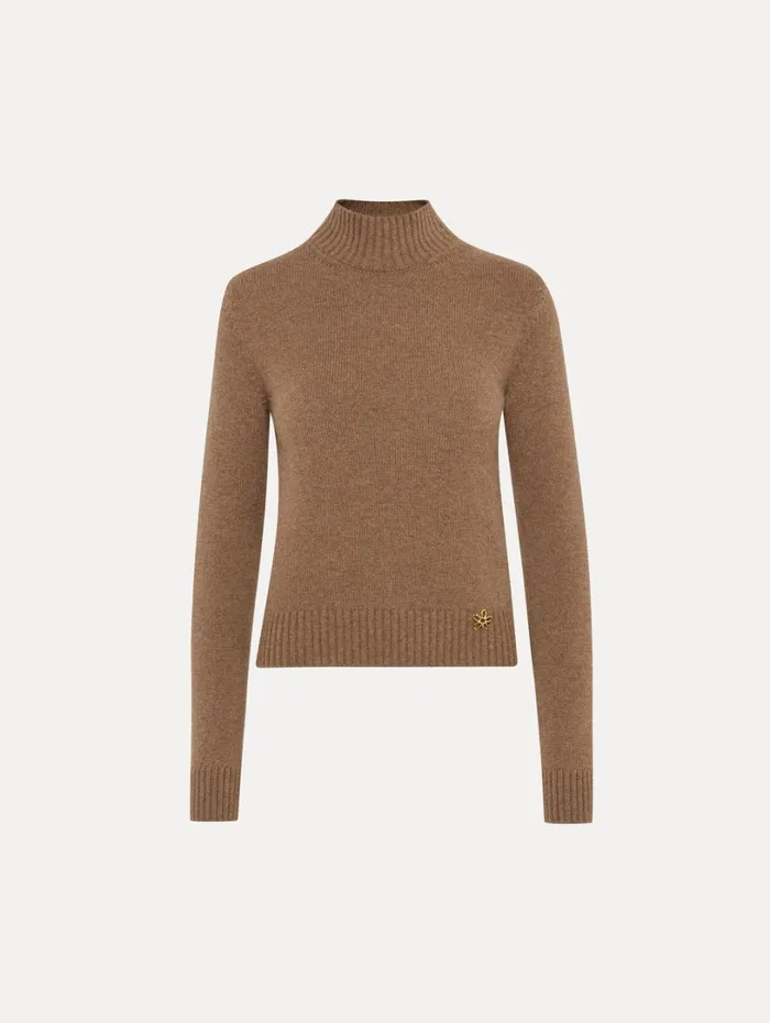 Oscar De La Renta O Flower Mock Neck Cashmere Pullover Brown Women Blouses and Knits