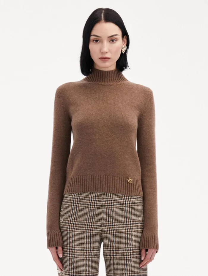 Oscar De La Renta O Flower Mock Neck Cashmere Pullover Brown Women Blouses and Knits Oscar De La Renta O Flower Mock Neck Cashmere Pullover Brown Women Blouses and Knits