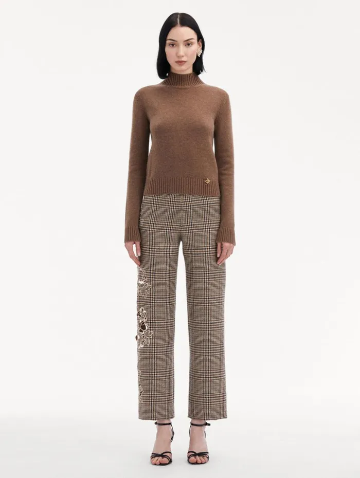 Oscar De La Renta O Flower Mock Neck Cashmere Pullover Brown Women Blouses and Knits Oscar De La Renta O Flower Mock Neck Cashmere Pullover Brown Women Blouses and Knits