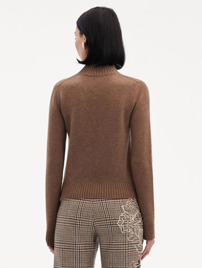 Oscar De La Renta O Flower Mock Neck Cashmere Pullover Brown Women Blouses and Knits Oscar De La Renta O Flower Mock Neck Cashmere Pullover Brown Women Blouses and Knits