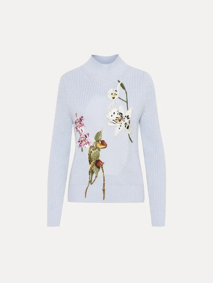 Oscar De La Renta Orchid Embroidered Portrait Pullover Light Blue Multi Women Blouses and Knits