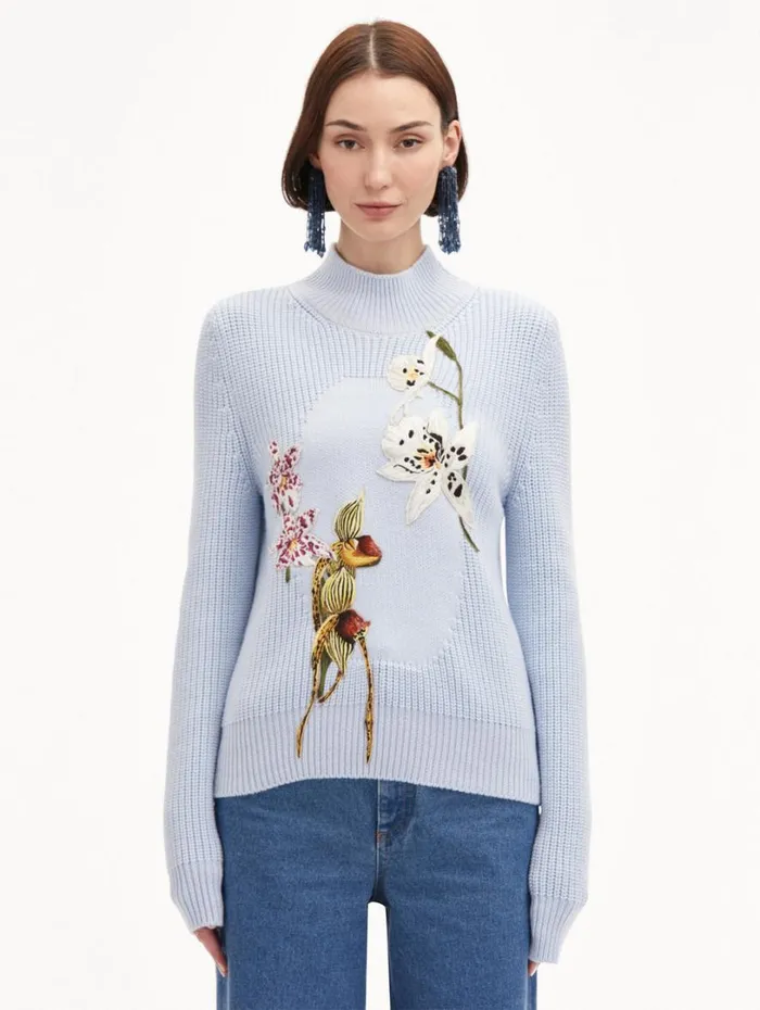 Oscar De La Renta Orchid Embroidered Portrait Pullover Light Blue Multi Women Blouses and Knits Oscar De La Renta Orchid Embroidered Portrait Pullover Light Blue Multi Women Blouses and Knits