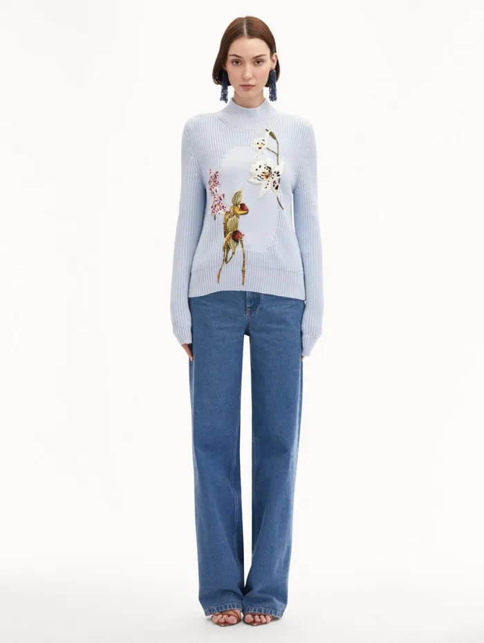 Oscar De La Renta Orchid Embroidered Portrait Pullover Light Blue Multi Women Blouses and Knits Oscar De La Renta Orchid Embroidered Portrait Pullover Light Blue Multi Women Blouses and Knits