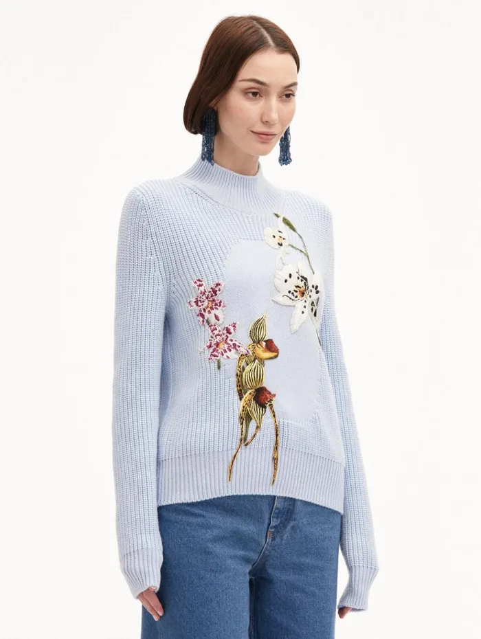 Oscar De La Renta Orchid Embroidered Portrait Pullover Light Blue Multi Women Blouses and Knits Oscar De La Renta Orchid Embroidered Portrait Pullover Light Blue Multi Women Blouses and Knits