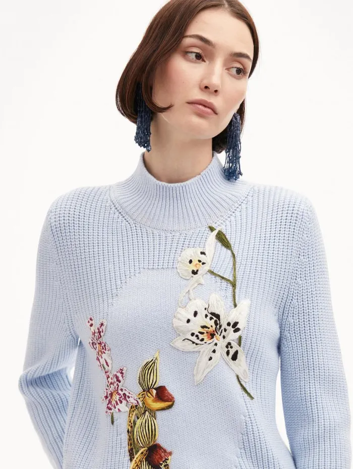 Oscar De La Renta Orchid Embroidered Portrait Pullover Light Blue Multi Women Blouses and Knits Oscar De La Renta Orchid Embroidered Portrait Pullover Light Blue Multi Women Blouses and Knits