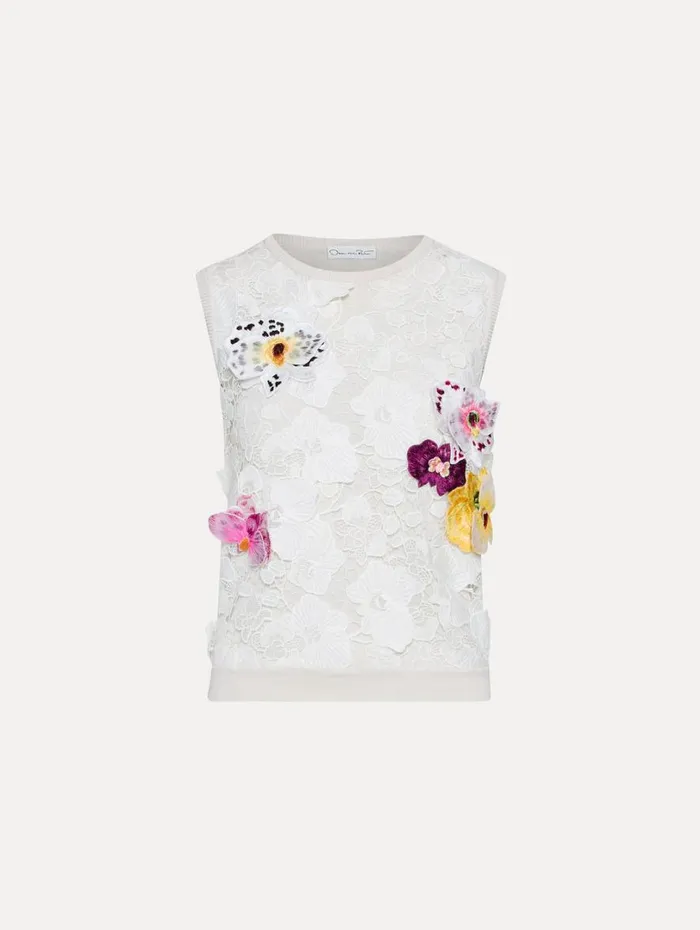 Oscar De La Renta Orchid Threadwork Inset Tank White Multi Women Blouses and Knits