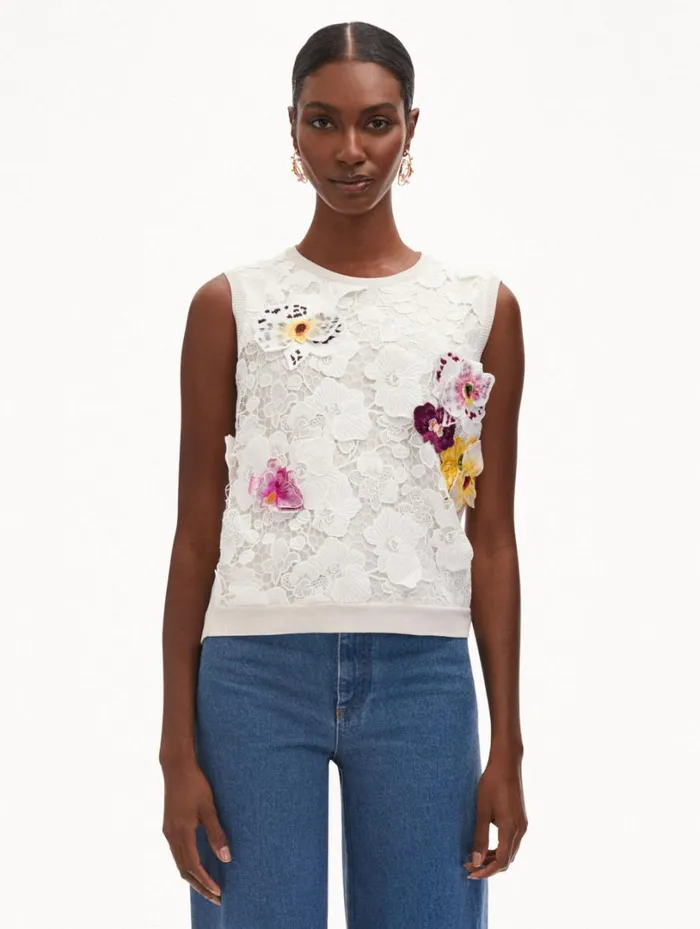 Oscar De La Renta Orchid Threadwork Inset Tank White Multi Women Blouses and Knits