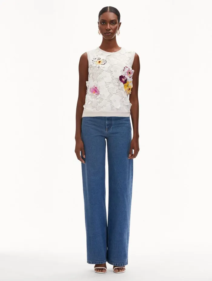 Oscar De La Renta Orchid Threadwork Inset Tank White Multi Women Blouses and Knits