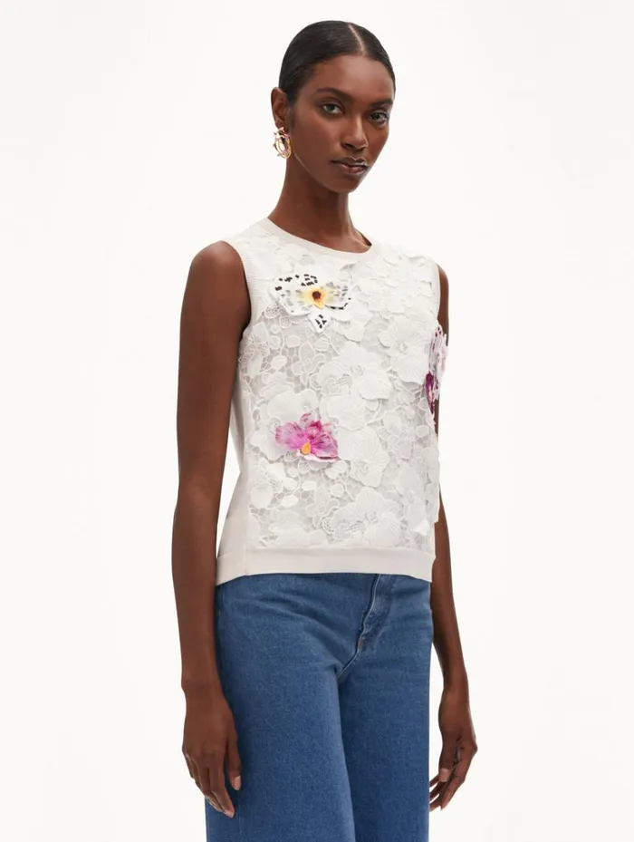 Oscar De La Renta Orchid Threadwork Inset Tank White Multi Women Blouses and Knits