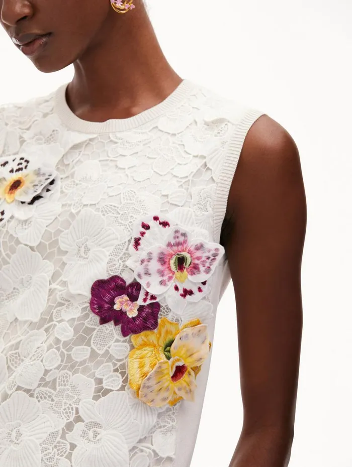 Oscar De La Renta Orchid Threadwork Inset Tank White Multi Women Blouses and Knits