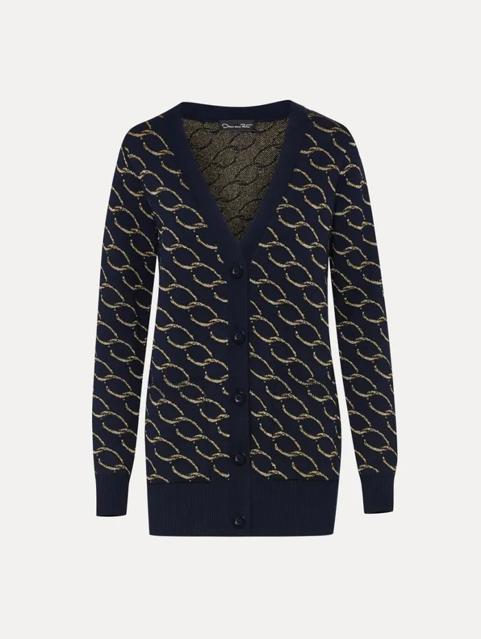 Oscar De La Renta Oscar ChainLink Long Cardigan Navygold Women Blouses and Knits