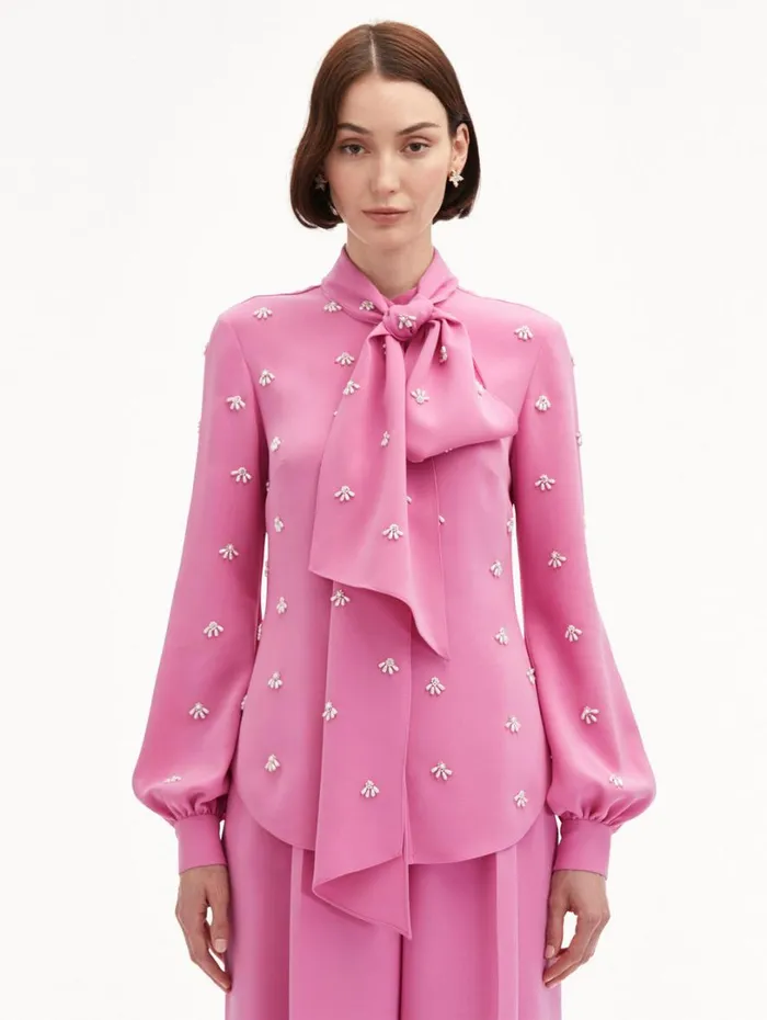 Oscar De La Renta Pearl Cabochon Blouse Rosehip Women Blouses and Knits Oscar De La Renta Pearl Cabochon Blouse Rosehip Women Blouses and Knits