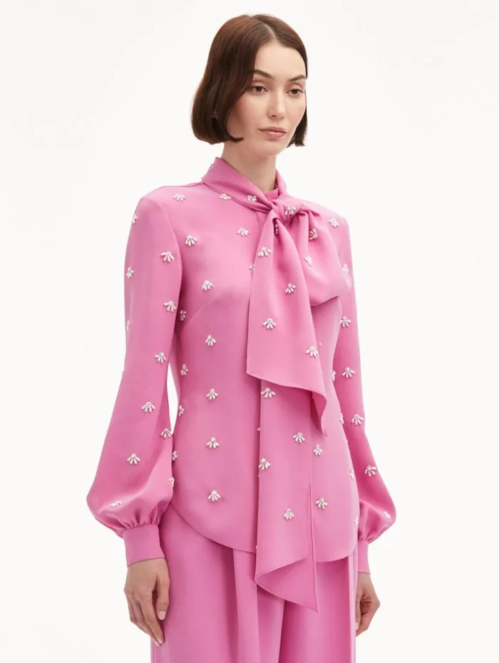 Oscar De La Renta Pearl Cabochon Blouse Rosehip Women Blouses and Knits Oscar De La Renta Pearl Cabochon Blouse Rosehip Women Blouses and Knits