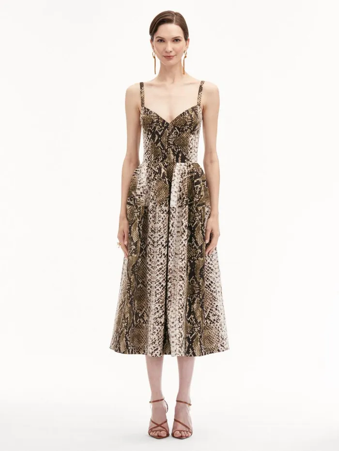 Oscar De La Renta Snake Cotton Poplin Dress Olive Women Dresses
